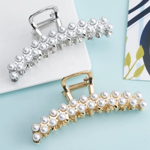 Elegant Metal Hair Claw Clip Double Row Faux Artificial Pearl Shark Clip Large Barrettes For Women Hair Styling Accessories Simple Stylish Headwear