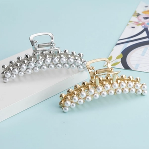 Elegant large metal shark hair clips in gold and silver with double-row pearl inlay