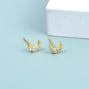 Elegant gold S925 silver moon stud earrings inlaid with sparkling white cubic zirconia