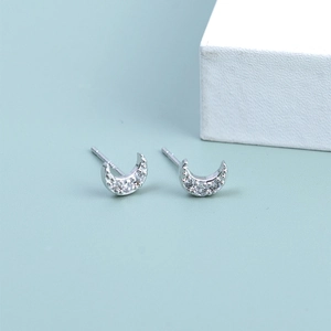 Minimalist S925 sterling silver crescent moon stud earrings with sparkling white zircons