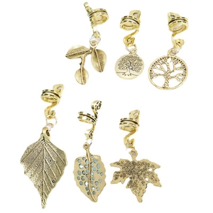 6-piece gold leaf and tree of life hair jewelry set with spiral rings for braids