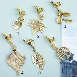 6-piece gold spiral hair rings set with tree and leaf charms for bohemian braids styling