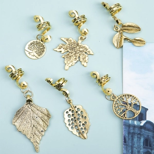6-piece set of gold leaf and tree pendants for dreadlocks with spiral hair rings