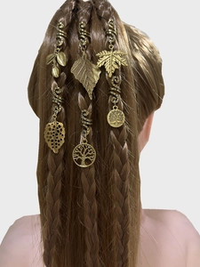 Boho style gold leaf pendants for braids featuring maple leaf and tree of life charms