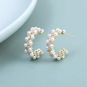 Vintage Elegant C Shape Hoop Earrings Alloy Artificial Pearl Zirconia Stud Earrings With 925 Sterling Silver Earring Post For Women Jewelry