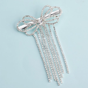 Luxurious Silver Alloy Bowknot Rhinestone Tassel Hair Clip Sweet Elegant Fringe Duckbill Clip For Wedding Party Women Accessories