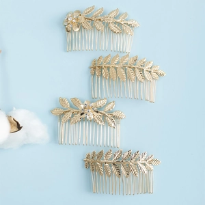 Peigne à Cheveux de Mariée en Alliage de Strass Style Coréen Forme Fleur de Feuille Plqué Or Accessoires de Cheveux pour Mariage Femme