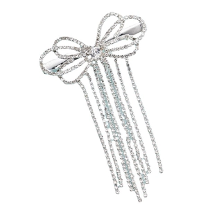 Sparkling rhinestone bow hair clip with elegant tassel fringe and silver alloy finish