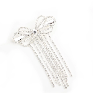 Sparkling crystal bow hair clip with dangling rhinestone tassels in silver alloy