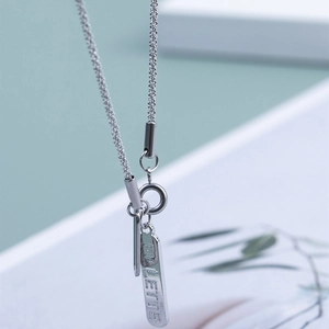 Minimalist double-layered silver titanium steel necklace with rectangular brand tag