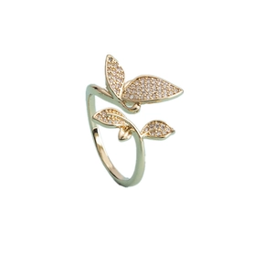 Romantic gold butterfly open ring with micro-set zircons and leaf design for women