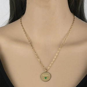Minimalistische Edelstahl Positive Gravur Runde Anhänger Halskette Gold Plattiert Grüner Stein Inkrustierte Schlüsselbeinkette Schmuck Für Damen