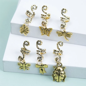 Retro Ethnic Dreadlock Hair Rings Alloy Spiral Hair Ties Butterfly Dragonfly Clover Charms Women Braids Hair Jewelry