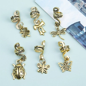 Retro golden African butterfly hair spiral rings set with ethnic charms for braids