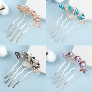 Korean Style Elegant Butterfly Rhinestone Metal Hair Comb For Women 4-Tooth Wave Hair Stick Elegant Headpiece Hair Jewelry