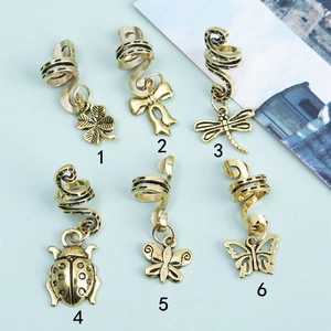 Vintage gold spiral hair rings with butterfly and dragonfly charms for African braids set