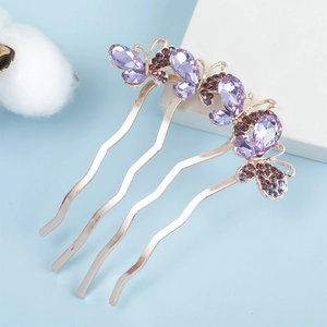 Elegant purple rhinestone butterfly hair comb with four-tooth gold-tone alloy frame