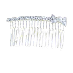 Elegante pettine per capelli da sposa con base in metallo argento, strass e fiocco di perle
