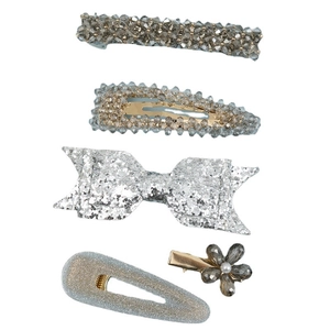 Lot de cinq barrettes à cheveux argentées avec perles, nœuds et cristaux gris élégants