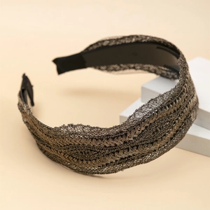 Fashionable wide lace headband with gold metallic mesh and rhinestone details for women