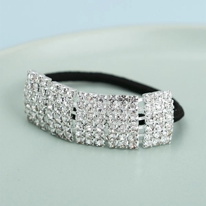 Elegant high elasticity hair tie featuring five silver-plated rows of sparkling rhinestones