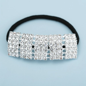Sparkling rhinestone hair tie with silver finish rectangle crystals on black elastic rope