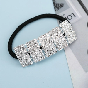 Elegant elastic hair tie with silver rhinestones on black band for women hairstyles
