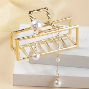 Eleganter Gold Metall Rechteckig Haarkralle Mit Künstliche Perlenquaste Vintage Hohl Haarklammer Damen Haarschmuck