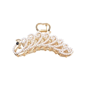 Elegant gold metal peacock hair claw clip with white pearls and a black rhinestone