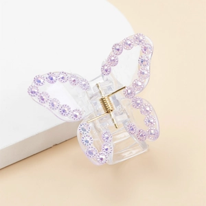 Elegant butterfly hair claw clip with lavender rhinestones on transparent acrylic base