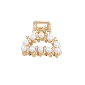 Exquisite gold metal mini hair claw clip with white pearls for elegant high ponytail styling