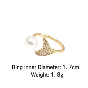 Minimalist mermaid tail open ring with white pearl and micro-paved cubic zirconia stones