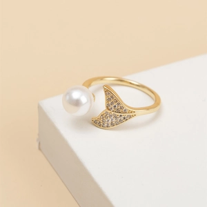 Gold mermaid tail open ring with white pearl and sparkling zircon stones for women