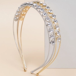 Elegant triple-layered gold and silver headband with shimmering rhinestones for weddings