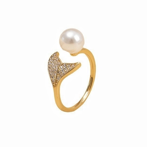 Elegant Mermaid Tail Adjustable Ring With Faux Artificial Pearl And Cubic Zirconia Minimalist Gold Open Ring For Women Jewelry