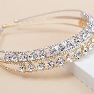 Elegant multi-layer double row crystal headband for women in gold and silver finish