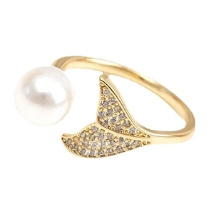 Minimalist gold mermaid tail open ring with white pearl and micro-pave zircons