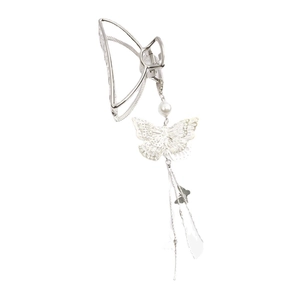 Silver butterfly hair claw clip with long tassel and pearl for elegant women hairstyle