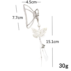 Detailed silver butterfly hair claw with tassel measurements and size dimensions
