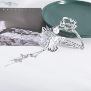 Silver Metal Butterfly Hair Claw Clip With Tassel And Faux Artificial Pearl Hollow Out Shark Clip Elegant Women Hair Accessory