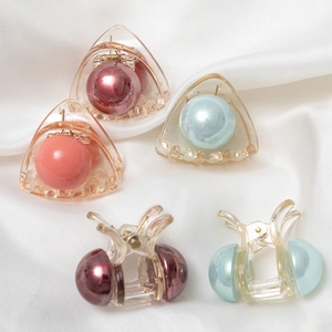 Lindas Mini Pinzas para el Pelo Acrílico Transparente Perlas Artificiales de Imitación Clips Geométricos para Mujeres Niñas Niños Peinado Diario