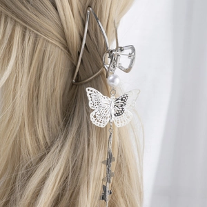 Elegant silver butterfly metal hair claw clip with pearl tassel fringe for women