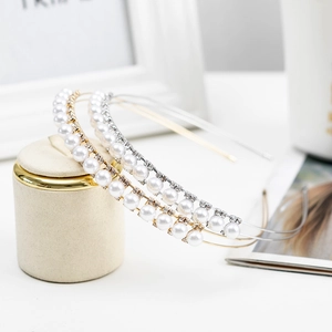 Elegant thin double-layered hairband set with white pearls and rhinestones in gold and silver