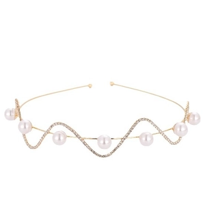 Elegant wavy gold headband featuring white pearls and shimmering rhinestones for women