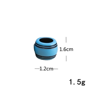 Macro detail of a 1.6cm light blue striped dreadlock bead with dimension labels