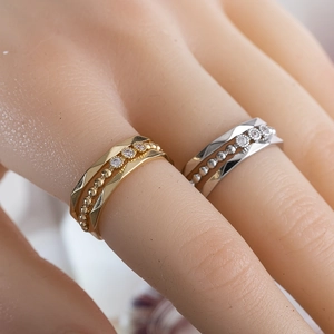 Irregular wide band copper rings in gold and silver with zircon inlay for women