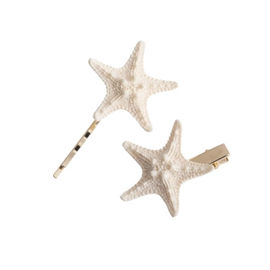 Starfish hair clip set with white nautical charms and gold metal finish for beach styling