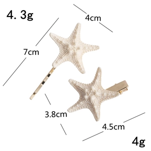 Detail view of starfish hair clips set with exact size and weight dimensions