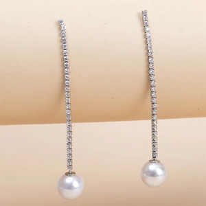 Elegant long tassel earrings with sparkling rhinestones and white round pearls