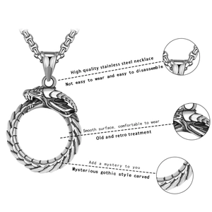 Collier avec pendentif dragon rétro gothique en acier inoxydable aux écailles détaillées et forme d'anneau